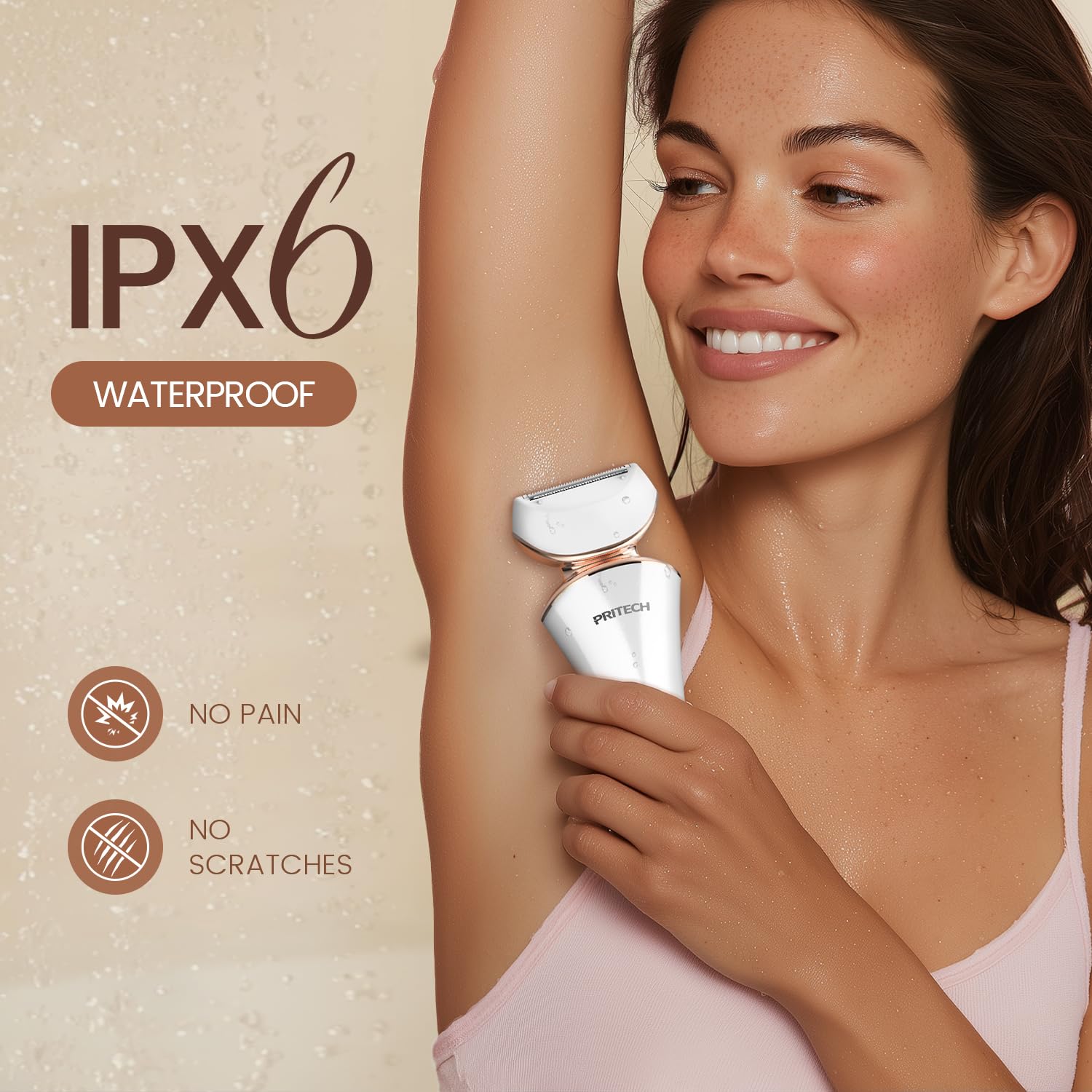 PRITECH wet and dry shaver shown for shower use and easy cleaning.