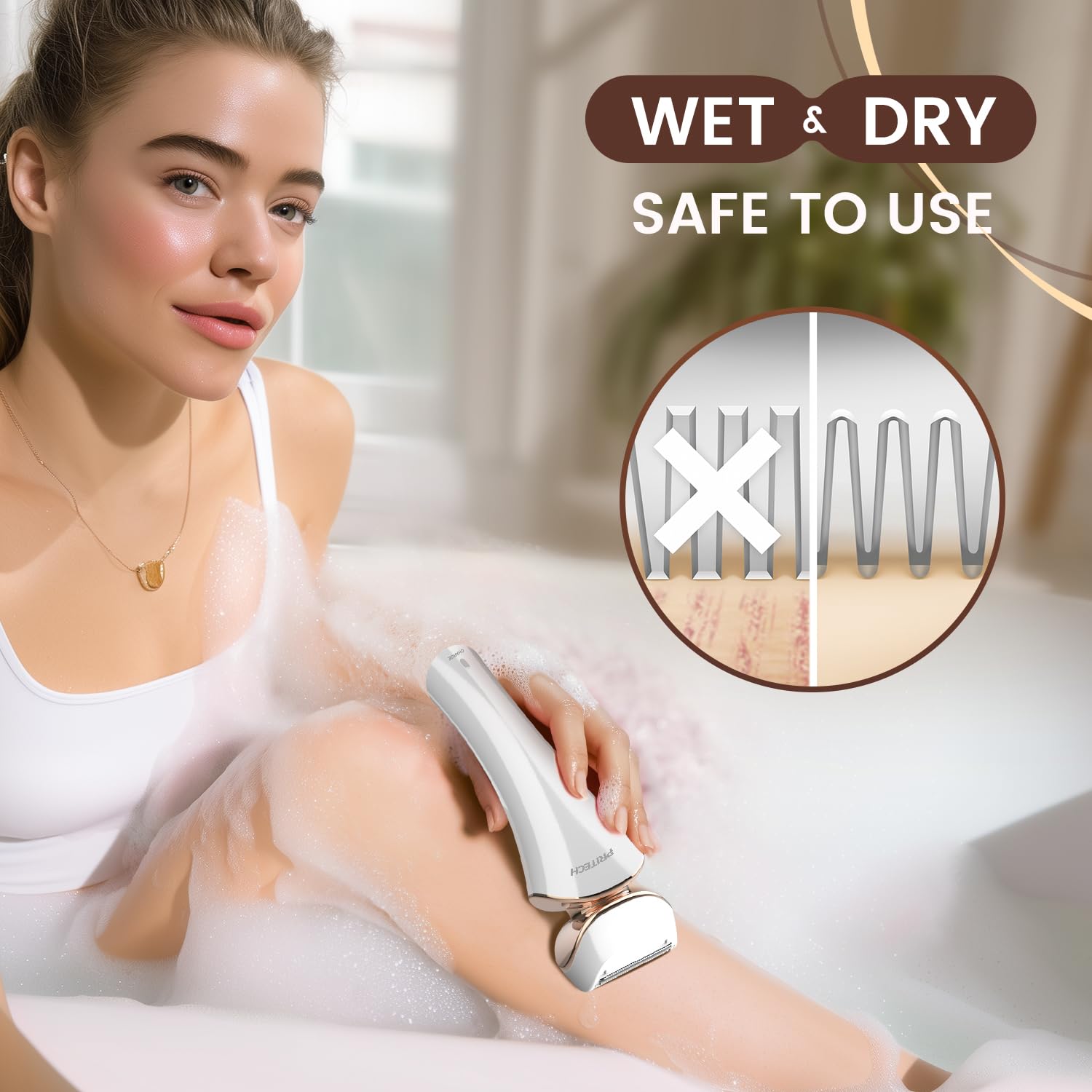 PRITECH women's shaver blades types close-up shows versatile grooming.