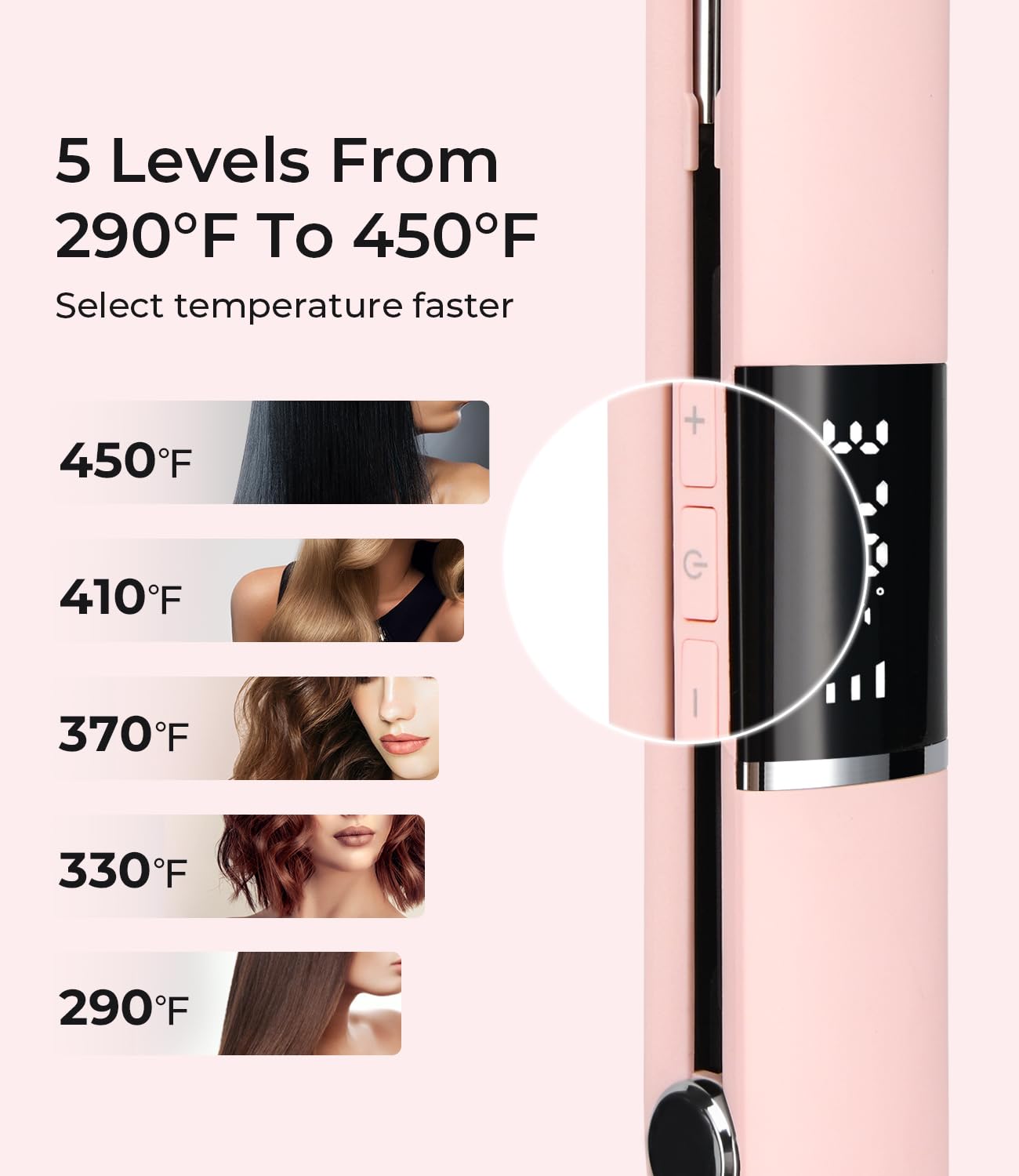 PRITECH flat iron LCD display shows precise temperature for tailored styling sessions