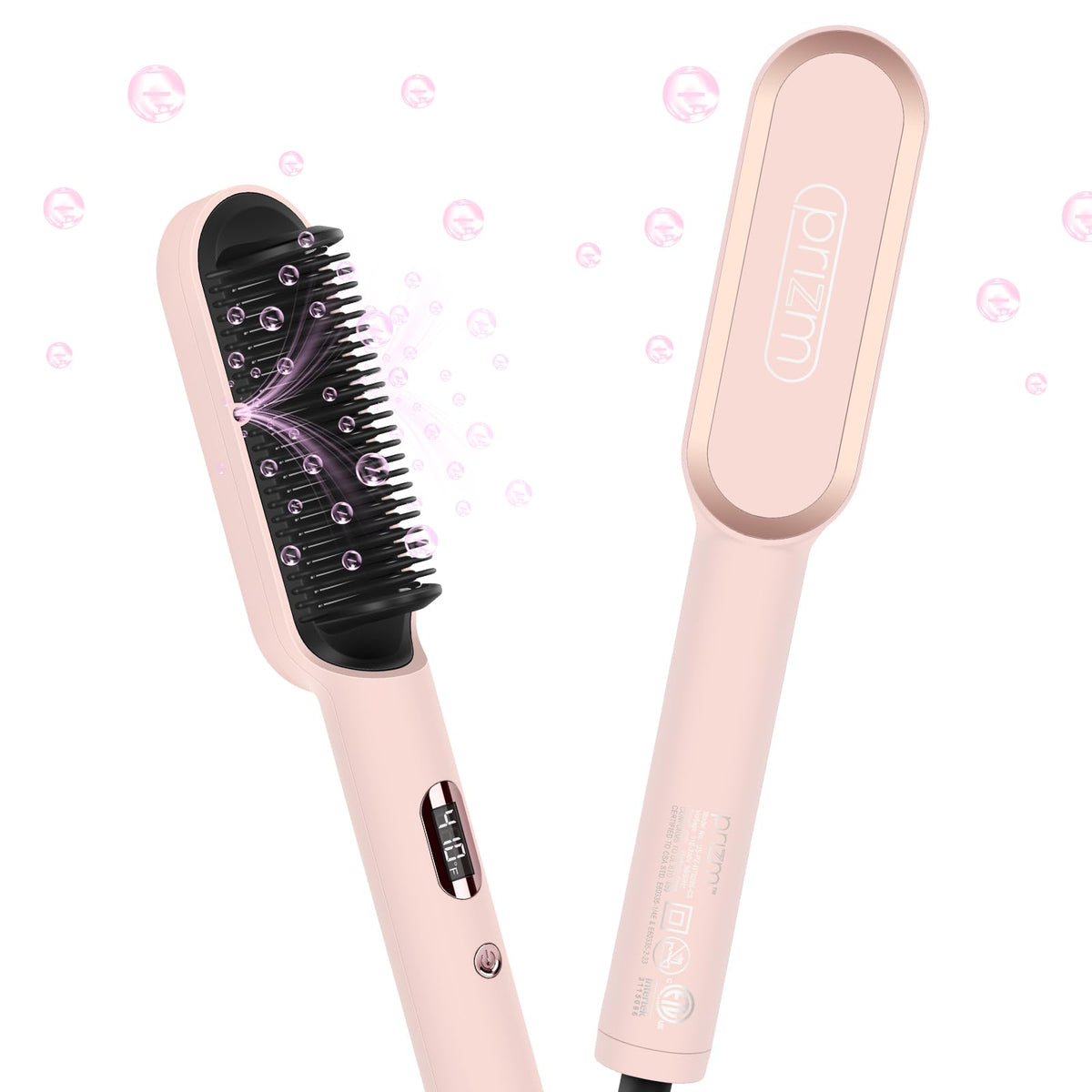 Prizm hair straightener brush front view showing sleek design for quick styling