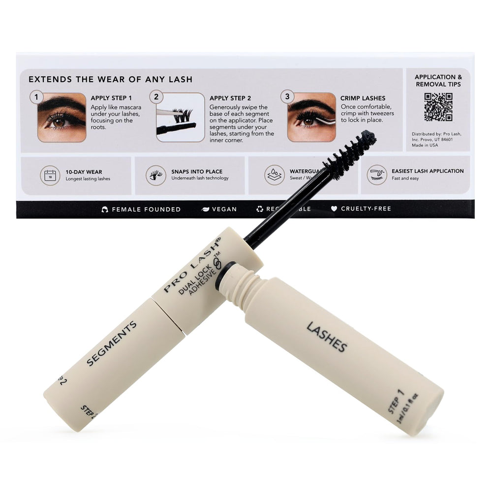Pro Lash Dual Lock Adhesive application shows easy mascara-style step 1 for secure clusters