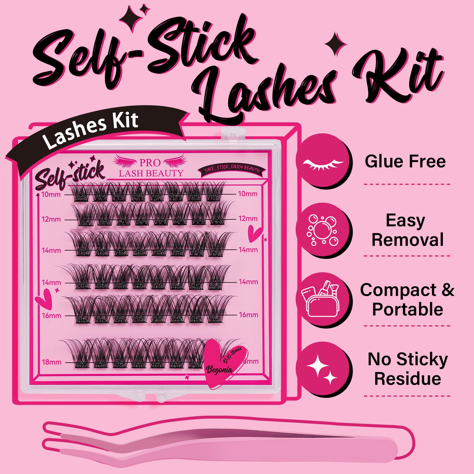 PRO LASHBEAUTY Self-adhesive cluster lashes application simplifies morning routine with quick, glue-free adhesion.