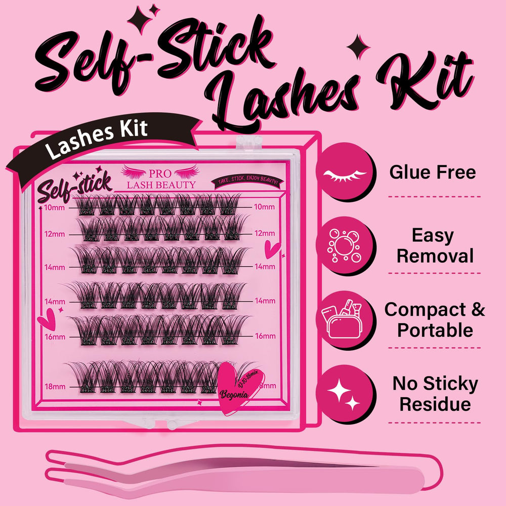 PRO LASHBEAUTY Self-adhesive cluster lashes application simplifies morning routine with quick, glue-free adhesion.