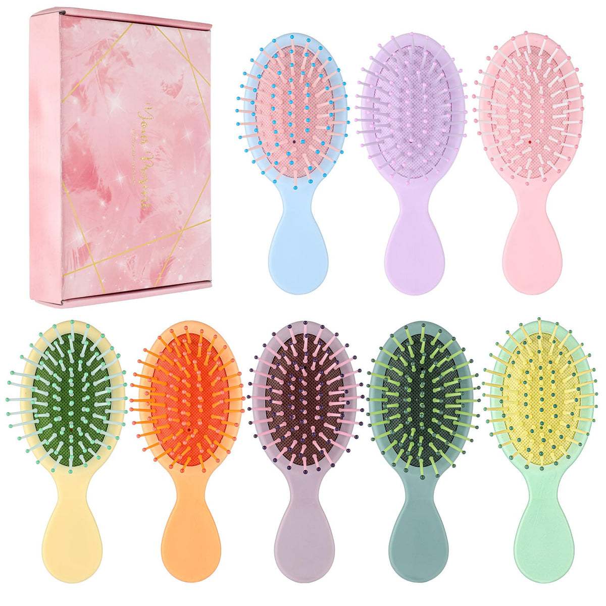 ProSuites mini hair brush set colorful closeup, eight brushes for kid-friendly detangling.