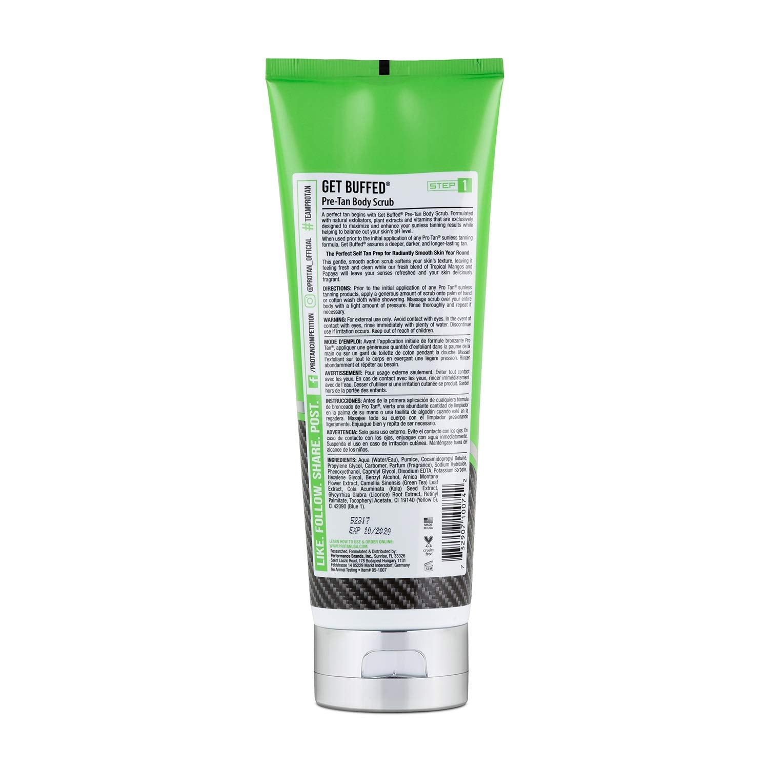 Pro Tan Get Buffed Pre-Tan Scrub fragrance tropical mango papaya for spa-like cleansing before tanning.