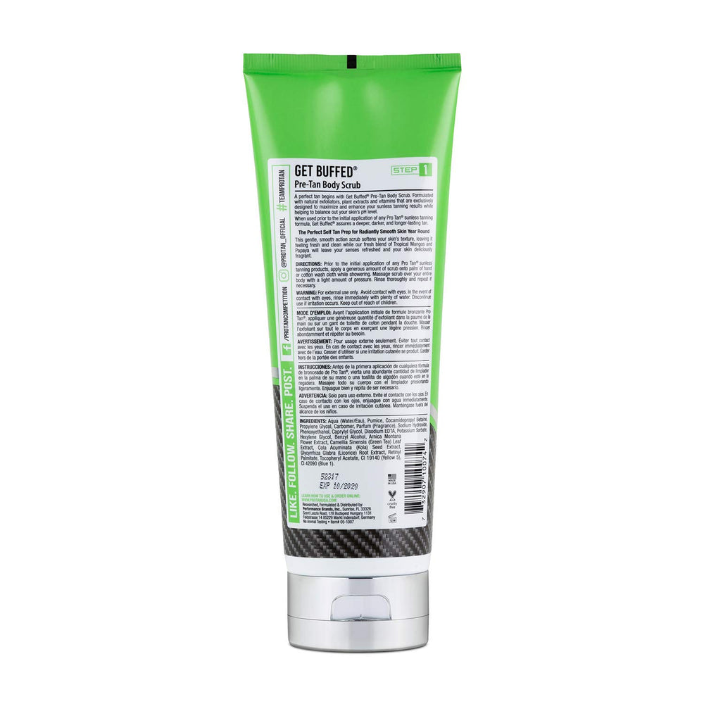 Pro Tan Get Buffed Pre-Tan Scrub fragrance tropical mango papaya for spa-like cleansing before tanning.