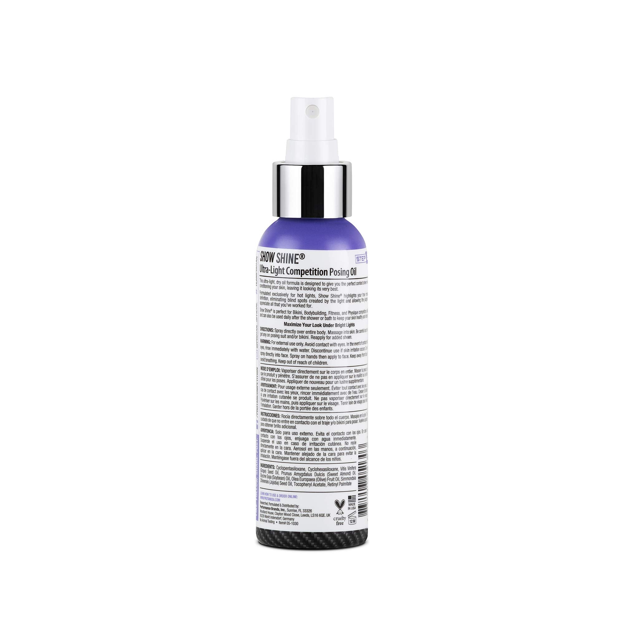 Pro Tan Show Shine skin-application highlights defined muscles under hot lights.