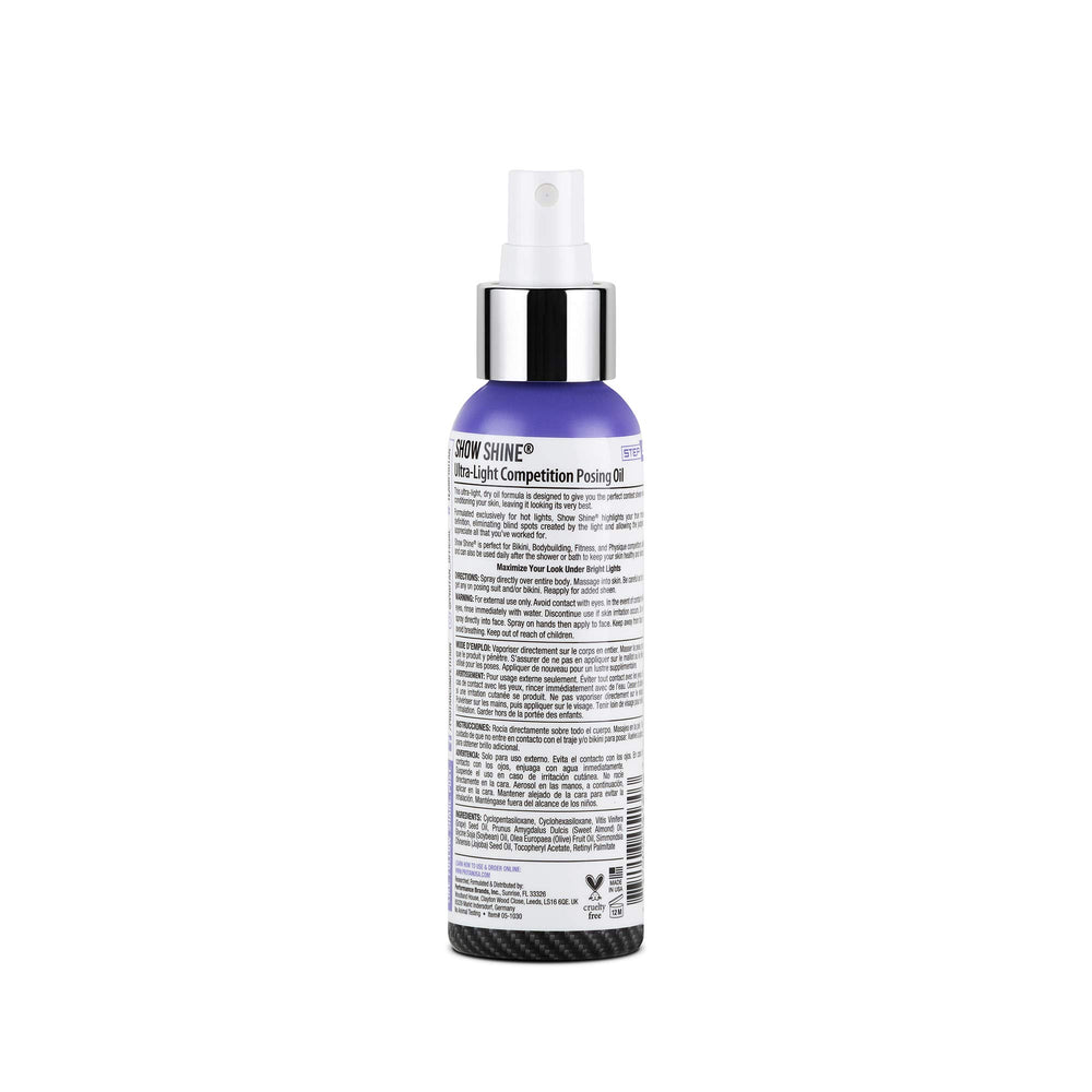 Pro Tan Show Shine skin-application highlights defined muscles under hot lights.