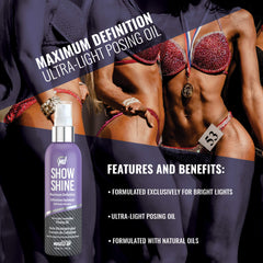 Pro Tan Show Shine stage-glow demonstrates ultra-light oil for flawless photos.