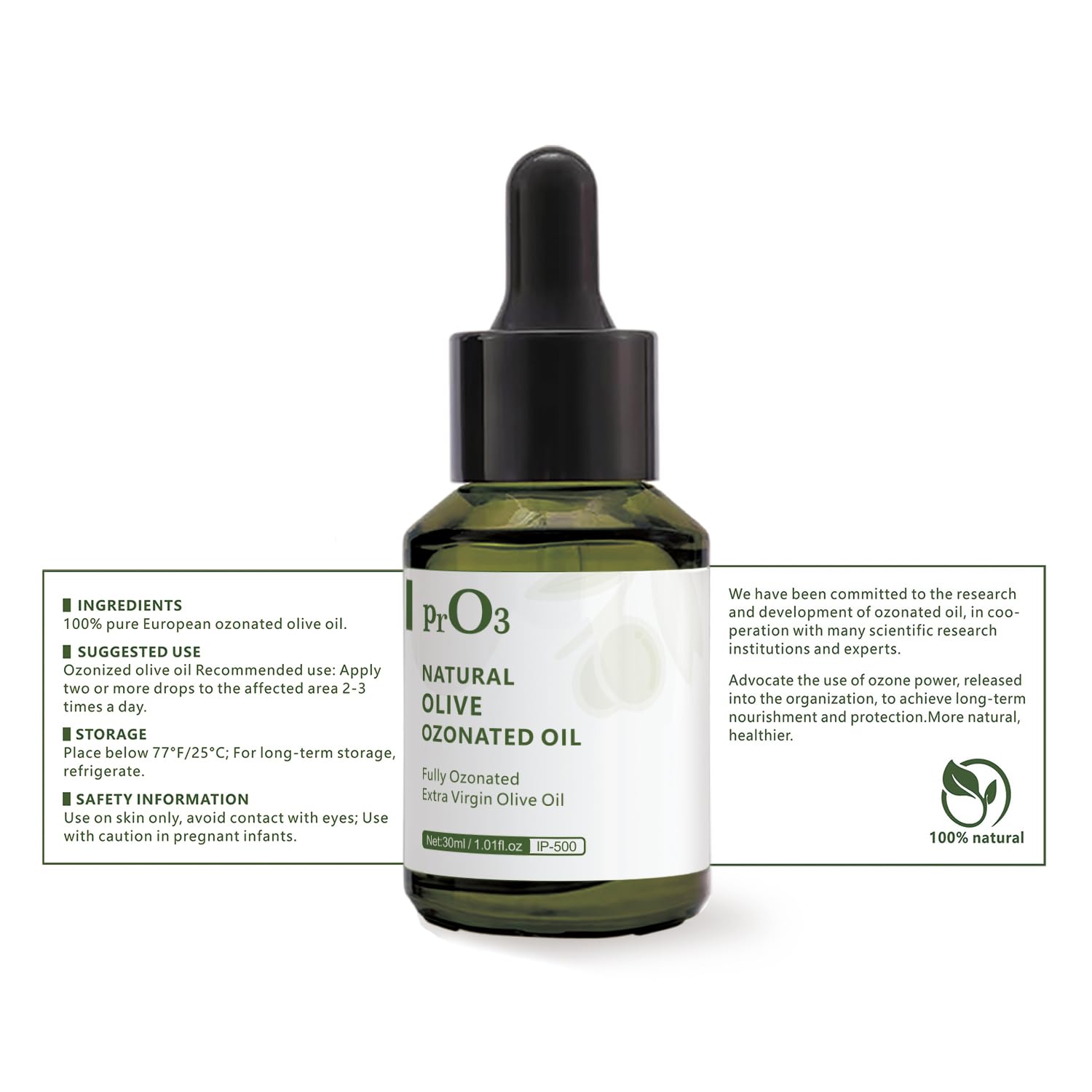 PrO3 natural olive oil liquid essence for versatile skin care.