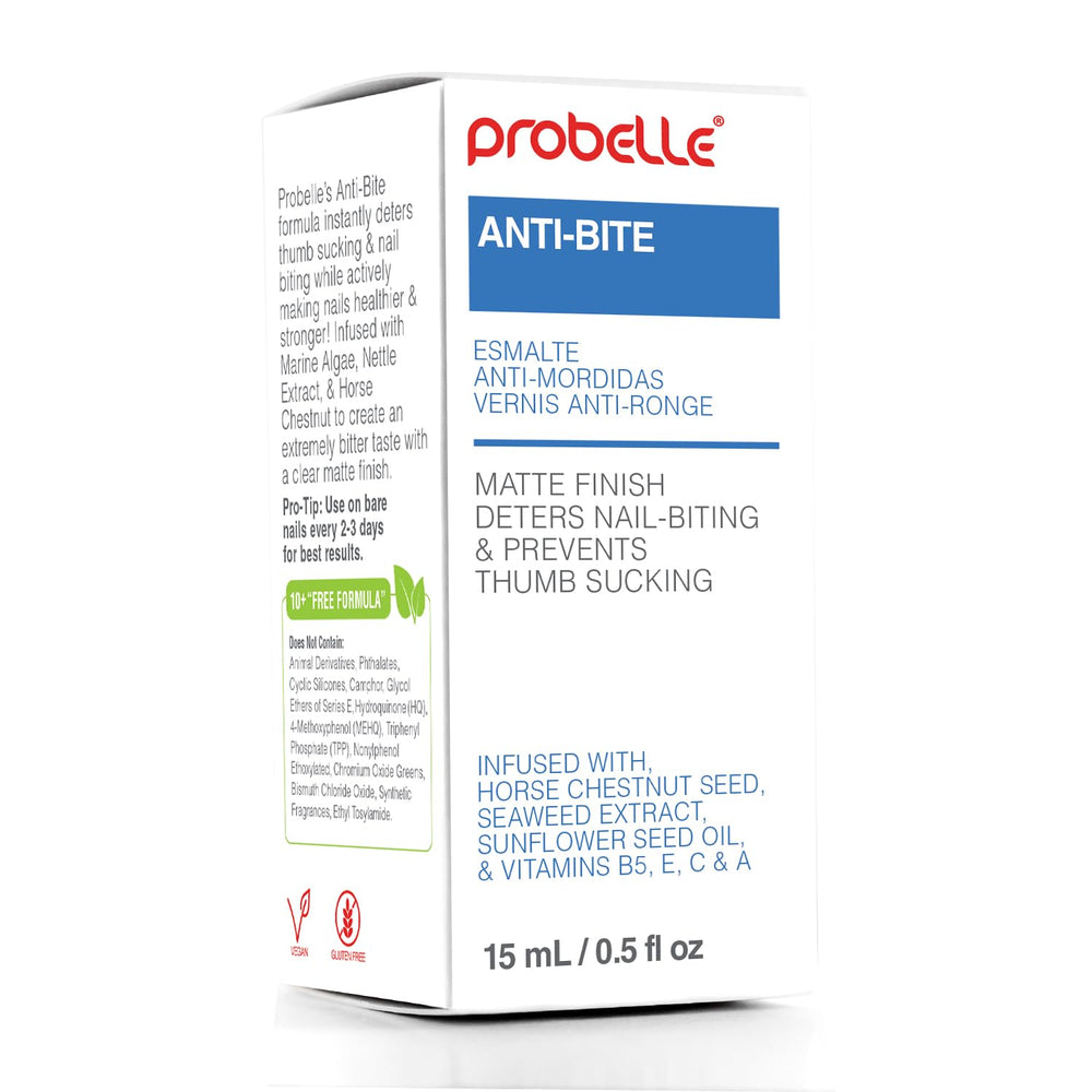 Probelle Anti-Bite bottle application on nails with quick-dry protocol.