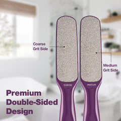 Probelle double-sided foot file's medium side smooths rough patches for softer feet.
