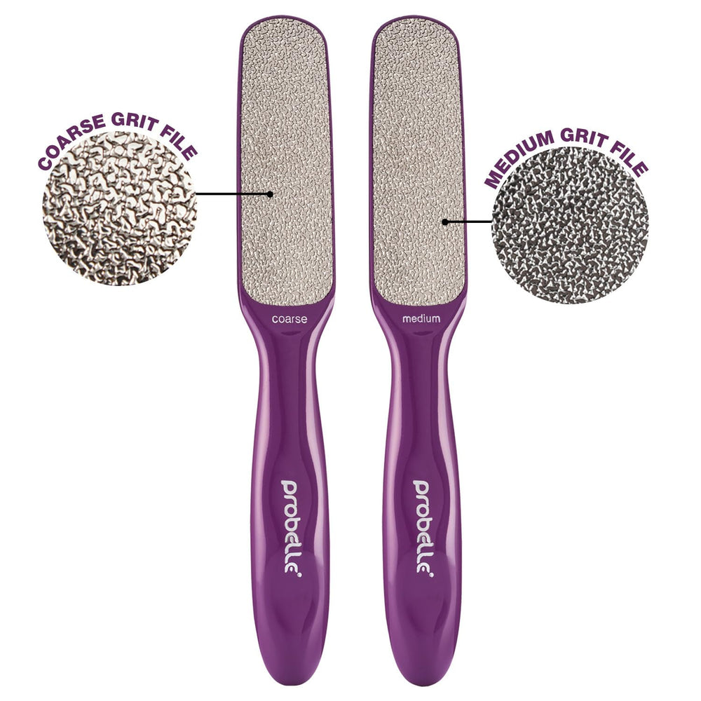 Probelle foot file used on dry feet for quick callus removal during a pedicure.