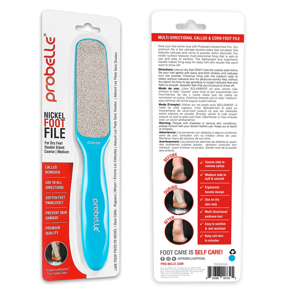 Probelle foot file in a pedicure setup for a quick at home routine