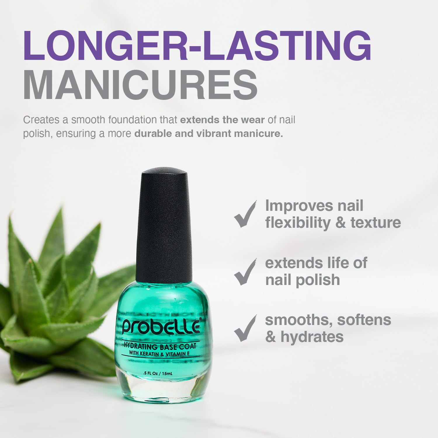 Probelle Hydrating Base Coat with three proteins helps prevent nail breakage daily