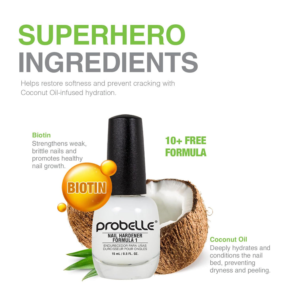 Probelle Nail Hardener Formula 1 base coat in use adds nail protection.