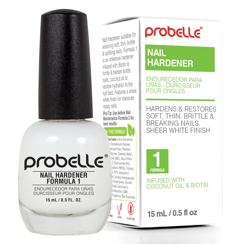 Probelle Nail Hardener Formula 1 bottle closeup for stronger nails.
