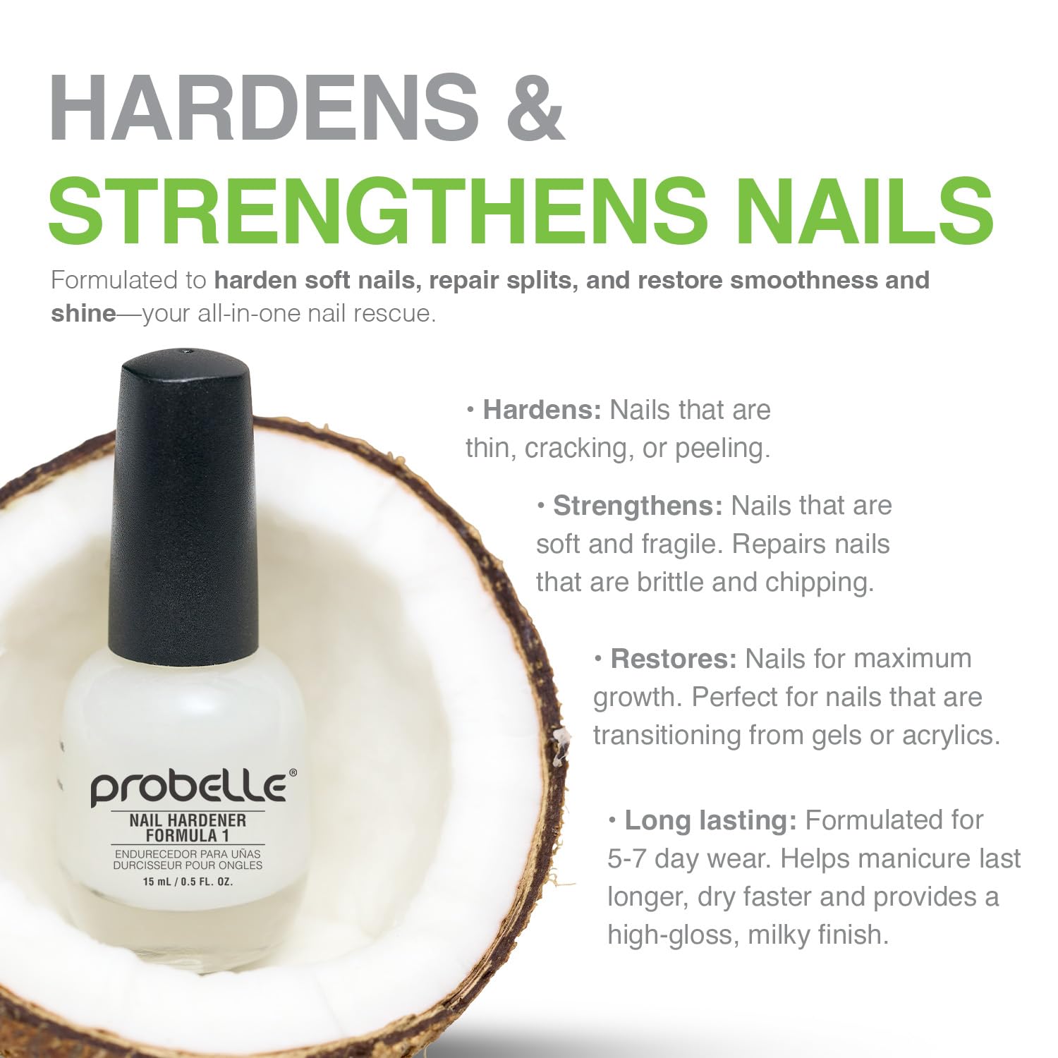Probelle Nail Hardener Formula 1 clear gloss for polished look.