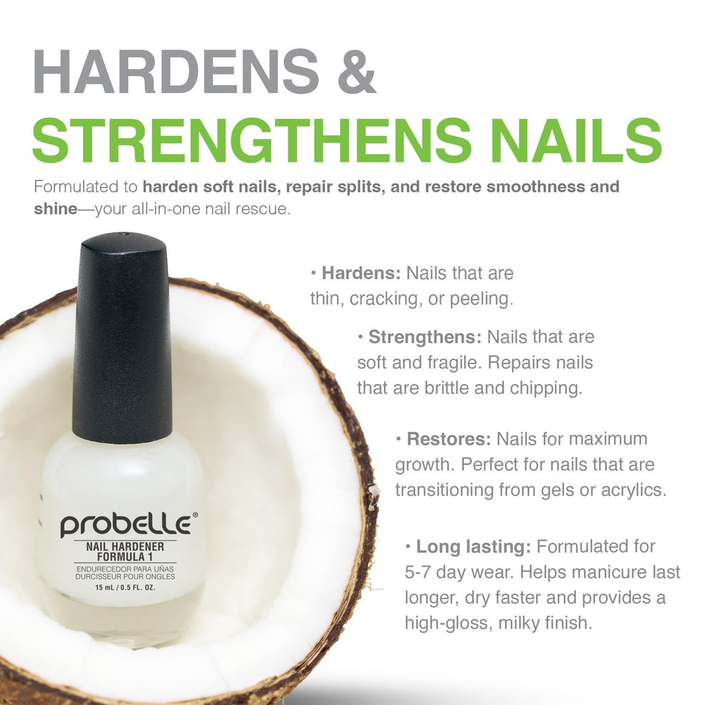Probelle Nail Hardener Formula 1 clear gloss for polished look.