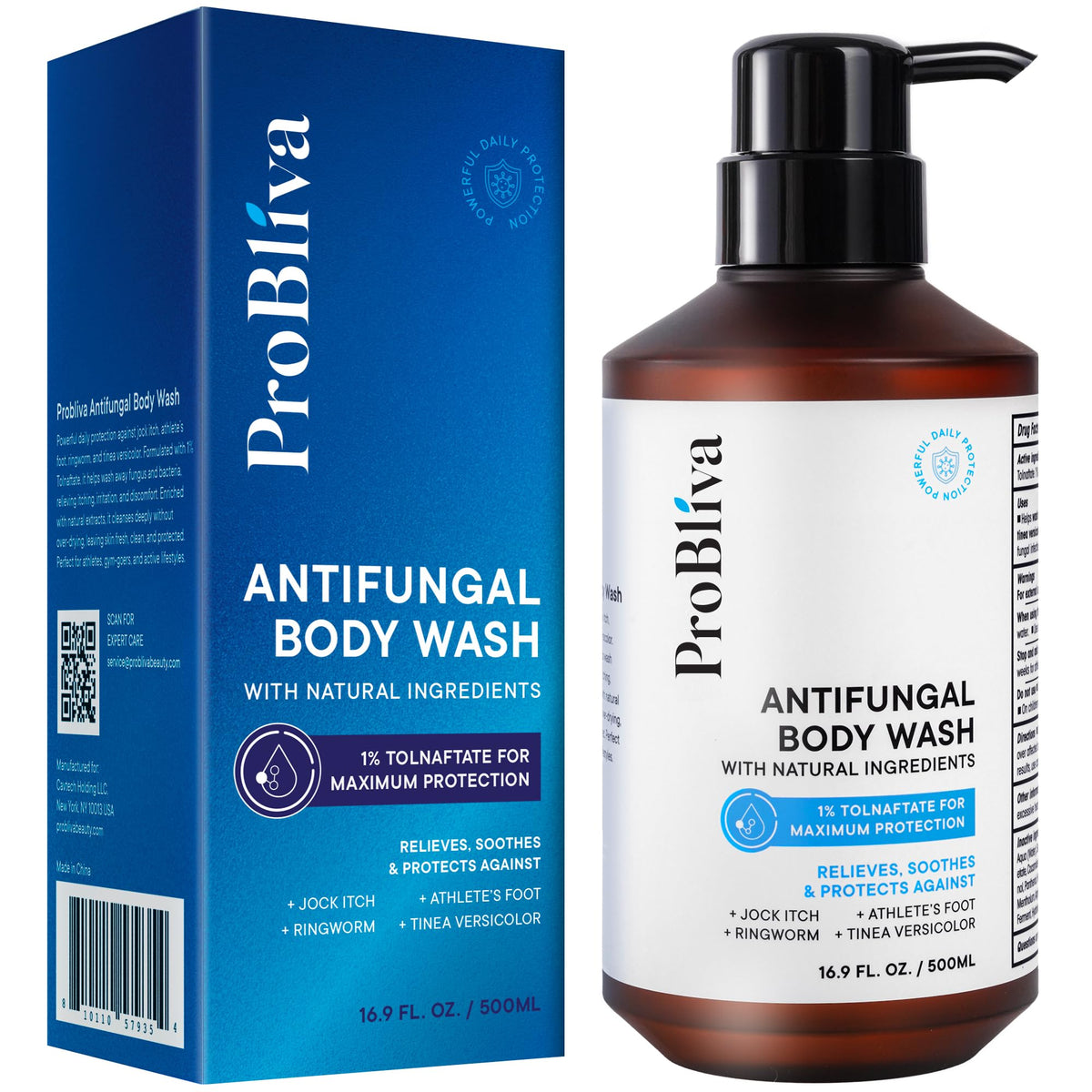 ProBliva antifungal body wash label closeup highlighting antifungal protection.