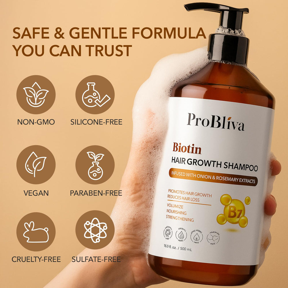 ProBliva Biotin Hair Growth Shampoo in a bright bathroom setting for daily use.