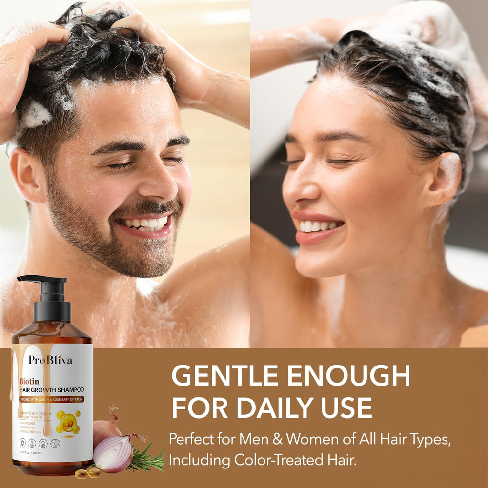 ProBliva Biotin Hair Growth Shampoo ingredient graphic shows biotin and rosemary benefits.