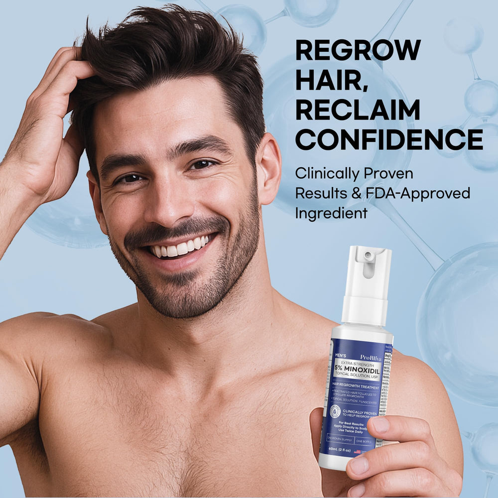 ProBliva Minoxidil spray nozzle delivering a precise mist for thinning areas.