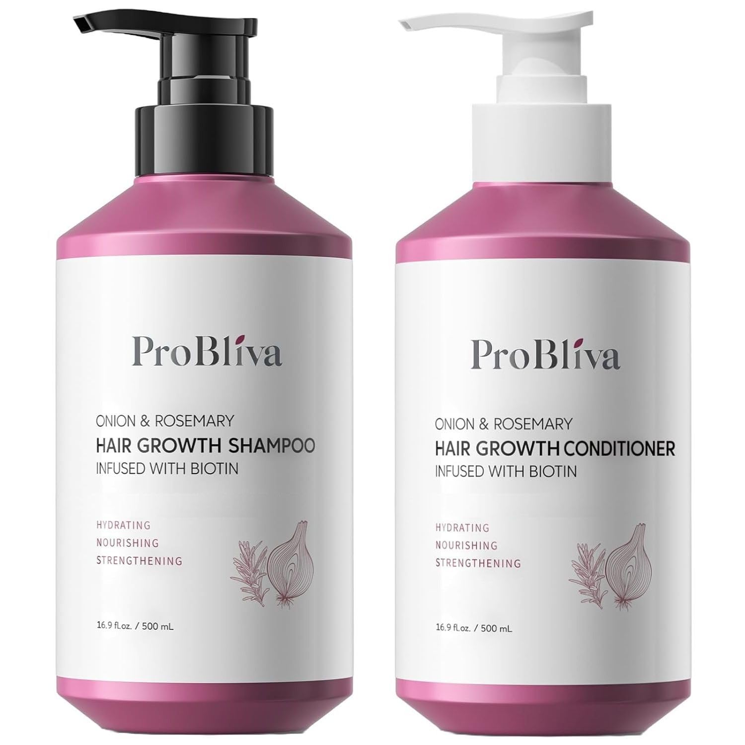 ProBliva Shampoo bottle with onion-rosemary-biotin blend for scalp nourishment.
