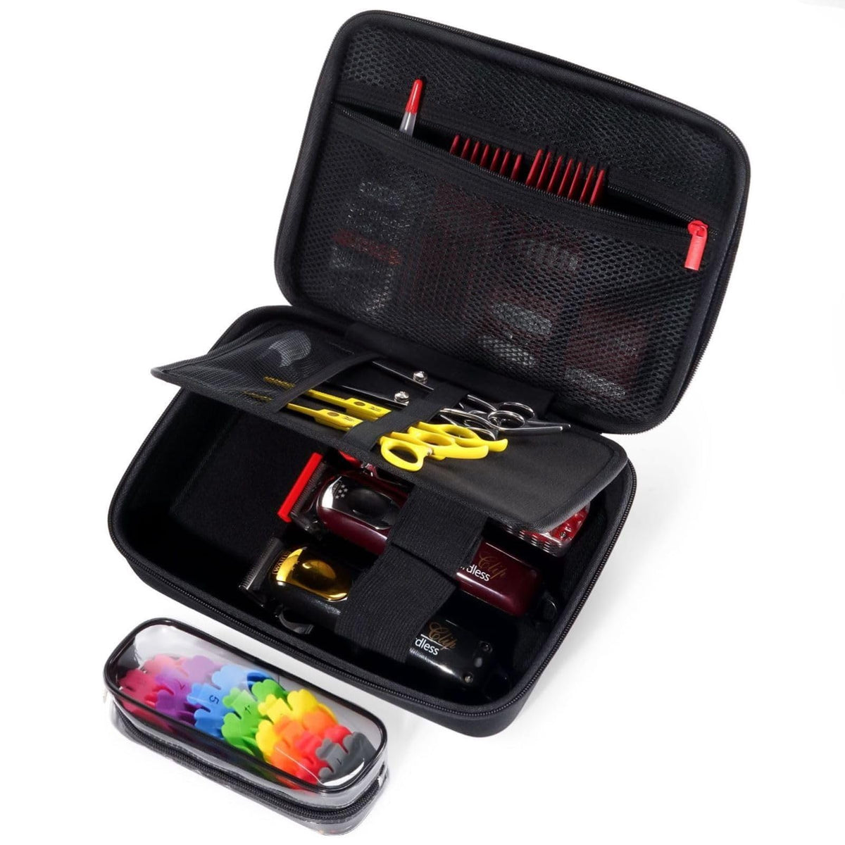 ProCase hard barber case shows dimensions and room for three clippers for travel.