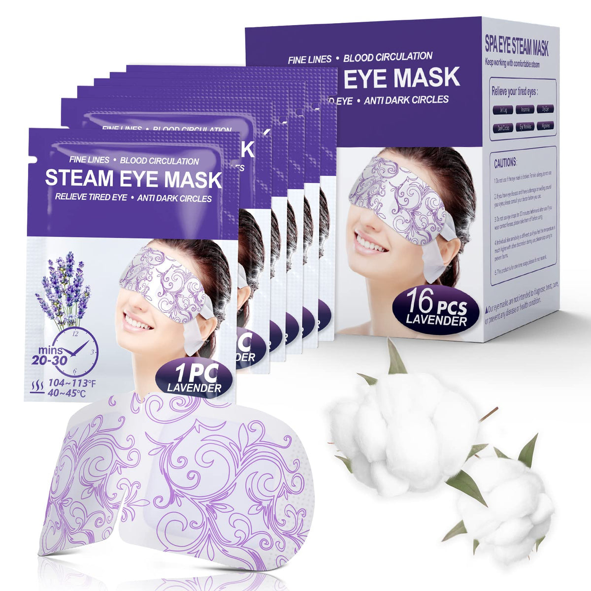 Prociv 16-pack lavender steam eye masks box opened for relaxing aromatherapy and eye relief.