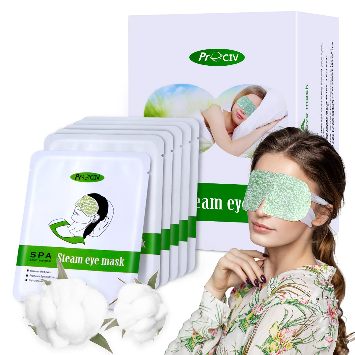 ProCIV eye mask on eyes providing moisture and gentle heat.