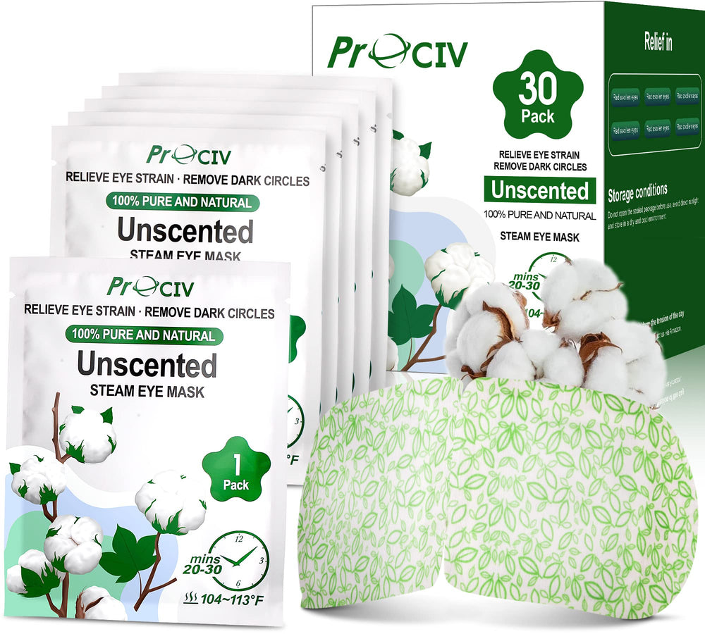 ProCIV steam eye mask packaging promising unscented, travel-friendly relaxation.
