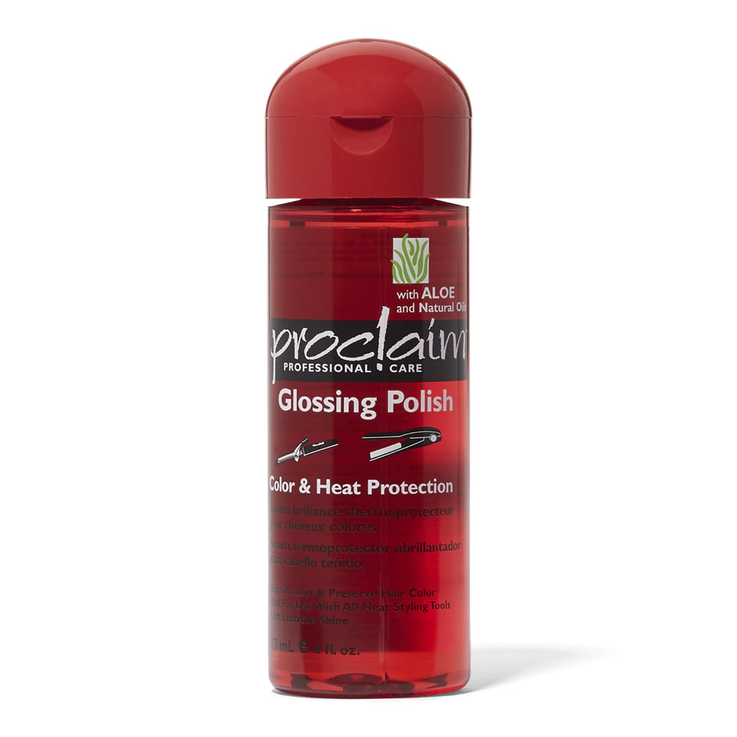 Proclaim Color & Heat Protection Glossing Polish bottle demonstrates frizz control and luminous shine