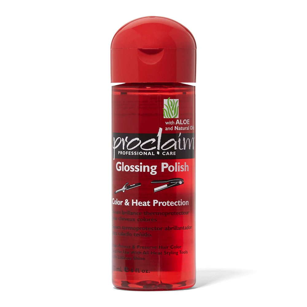 Proclaim Color & Heat Protection Glossing Polish bottle demonstrates frizz control and luminous shine