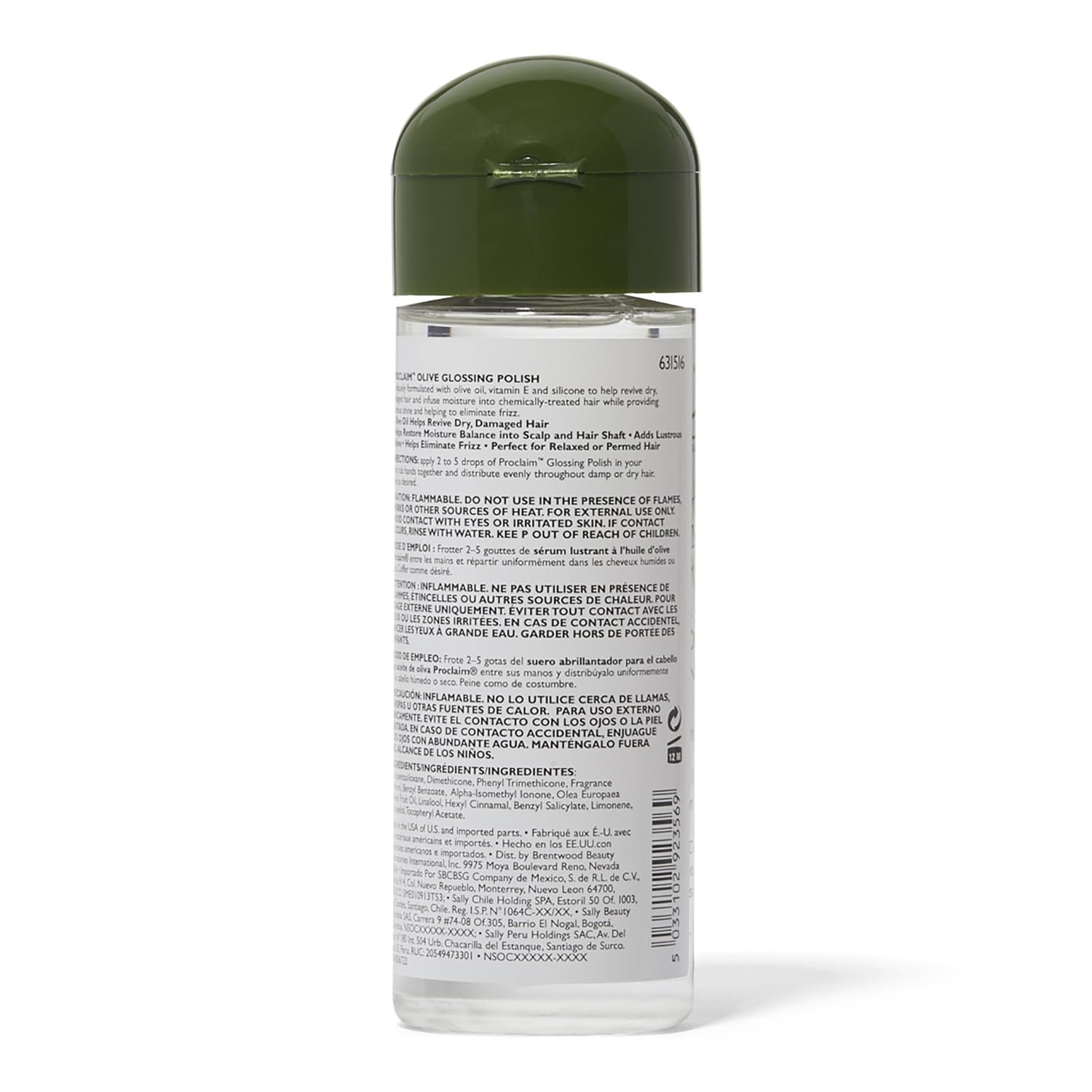 Proclaim Olive Oil Glossing Polish hair-application shot shows moisture boost and frizz control.