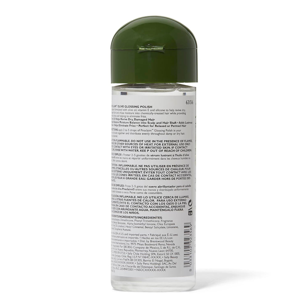 Proclaim Olive Oil Glossing Polish hair-application shot shows moisture boost and frizz control.