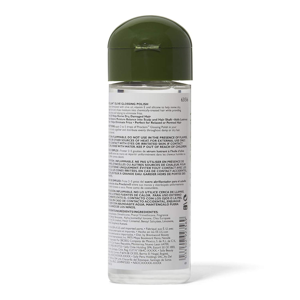 Proclaim Olive Oil Glossing Polish texture-swirl highlights glossy hydration for silky results.