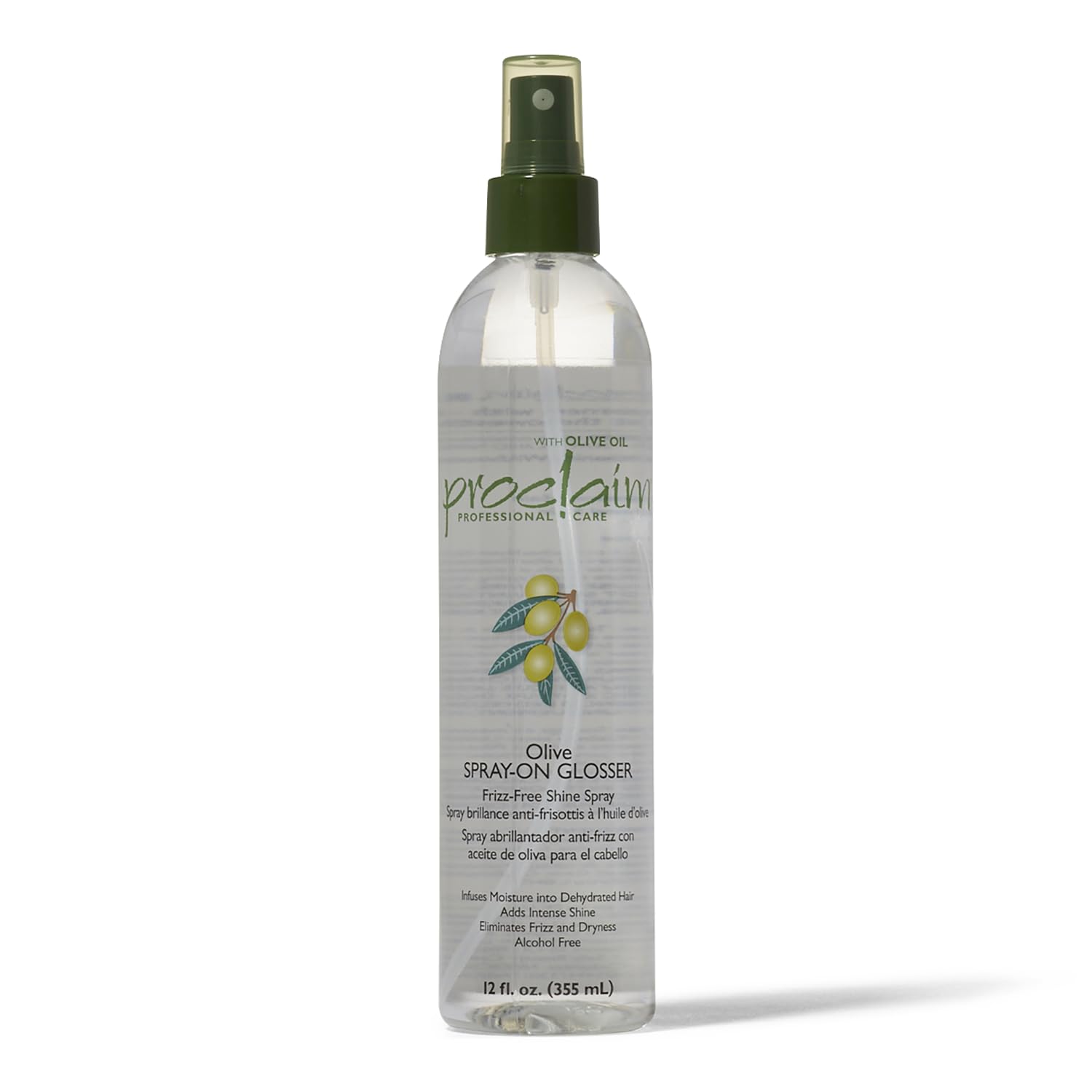 Proclaim Olive Spray On Glosser bottle front, delivering detangling ease and color-safe conditioning.