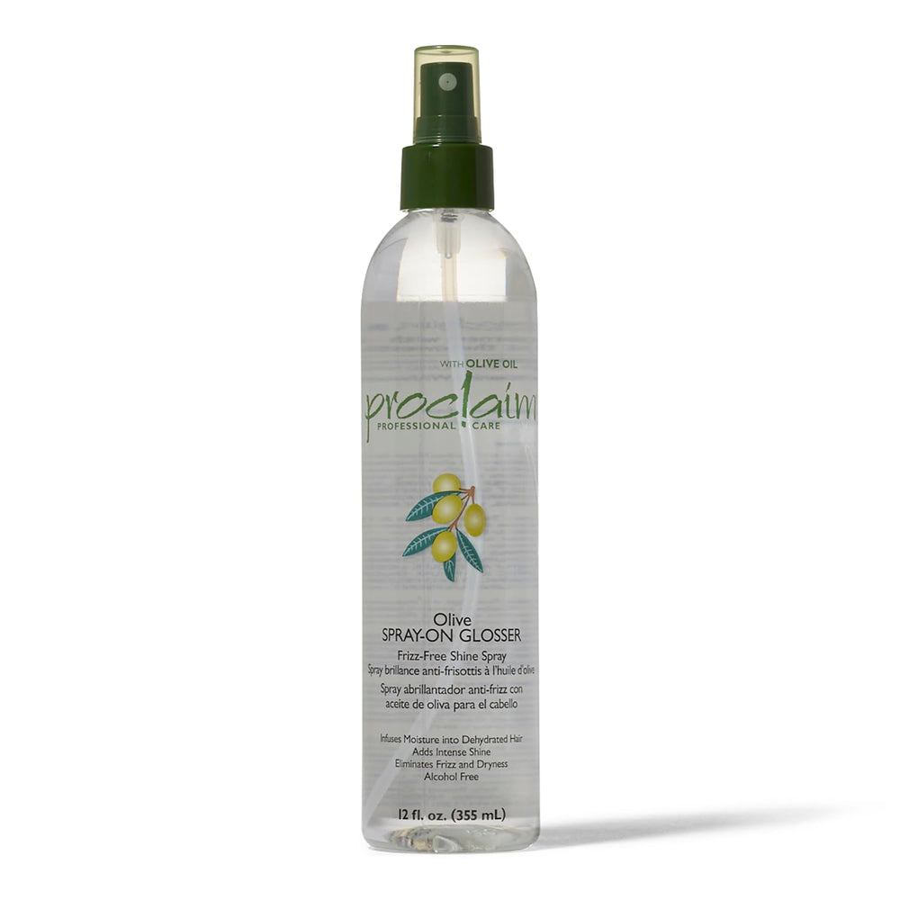 Proclaim Olive Spray On Glosser bottle front, delivering detangling ease and color-safe conditioning.