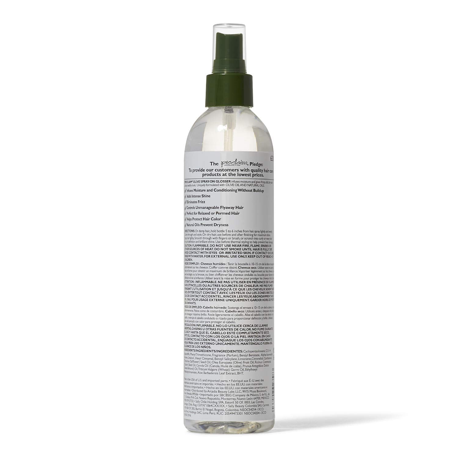Proclaim Olive Spray On Glosser glossy hair after use for smooth, manageable styling.
