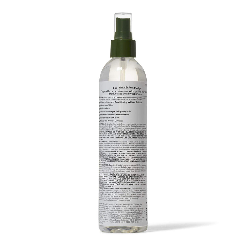 Proclaim Olive Spray On Glosser glossy hair after use for smooth, manageable styling.