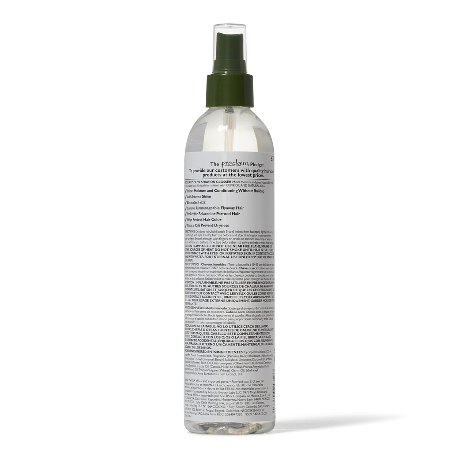 Proclaim Olive Spray On Glosser spray action highlights effortless detangling and frizz control.