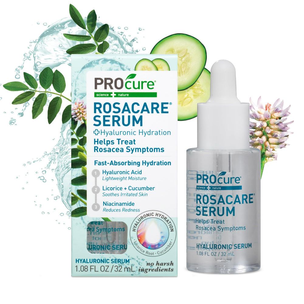 PROcure Rosacare Serum bottle shown for daily use, soothing redness.
