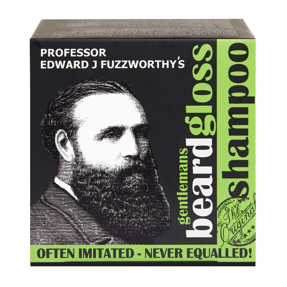Professor Fuzzworthy's beard shampoo bar packaging highlights Tasmanian ACV for natural cleansing.