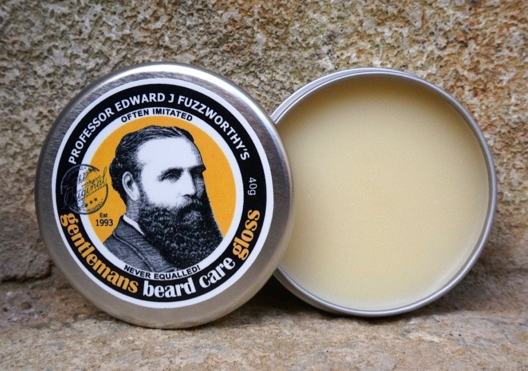 Professor Fuzzworthy's Beard Balm Gloss packaging – handmade in Tasmania, highlighting natural ingredients.