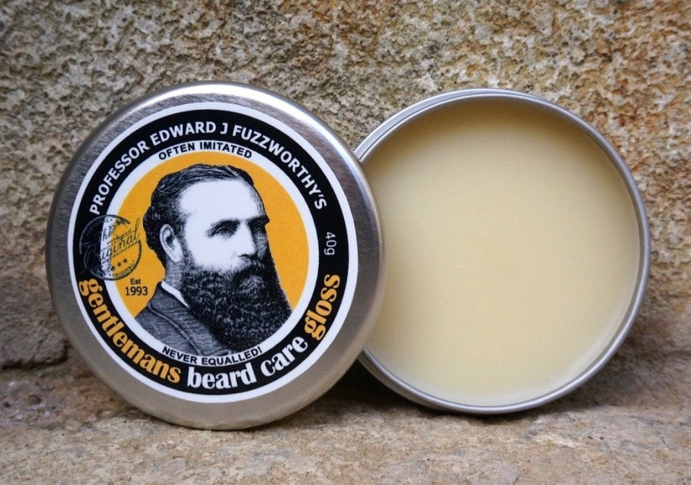 Professor Fuzzworthy's Beard Balm Gloss packaging – handmade in Tasmania, highlighting natural ingredients.