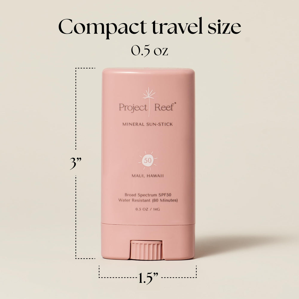 Project Reef SPF 50 mineral sunscreen stick applied to the face for quick sun coverage.