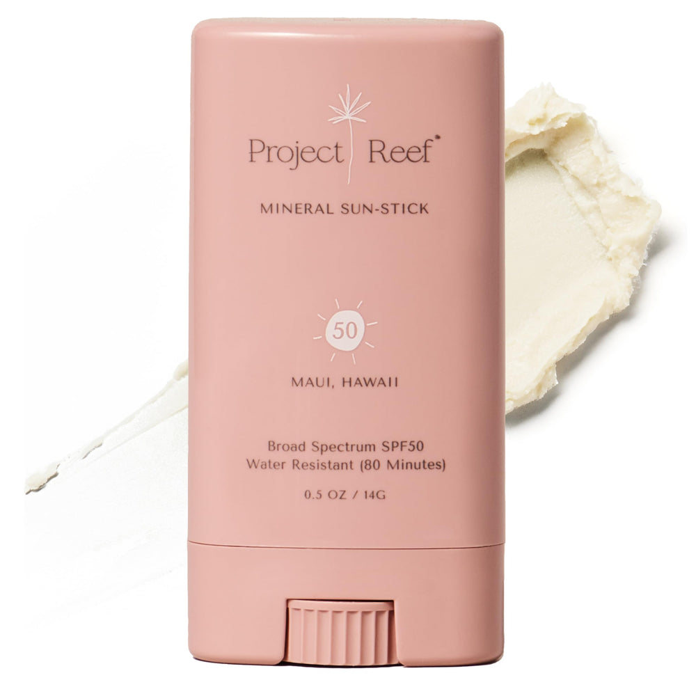 Project Reef SPF 50 mineral sunscreen stick packaging shows sustainable materials for eco-conscious shoppers.