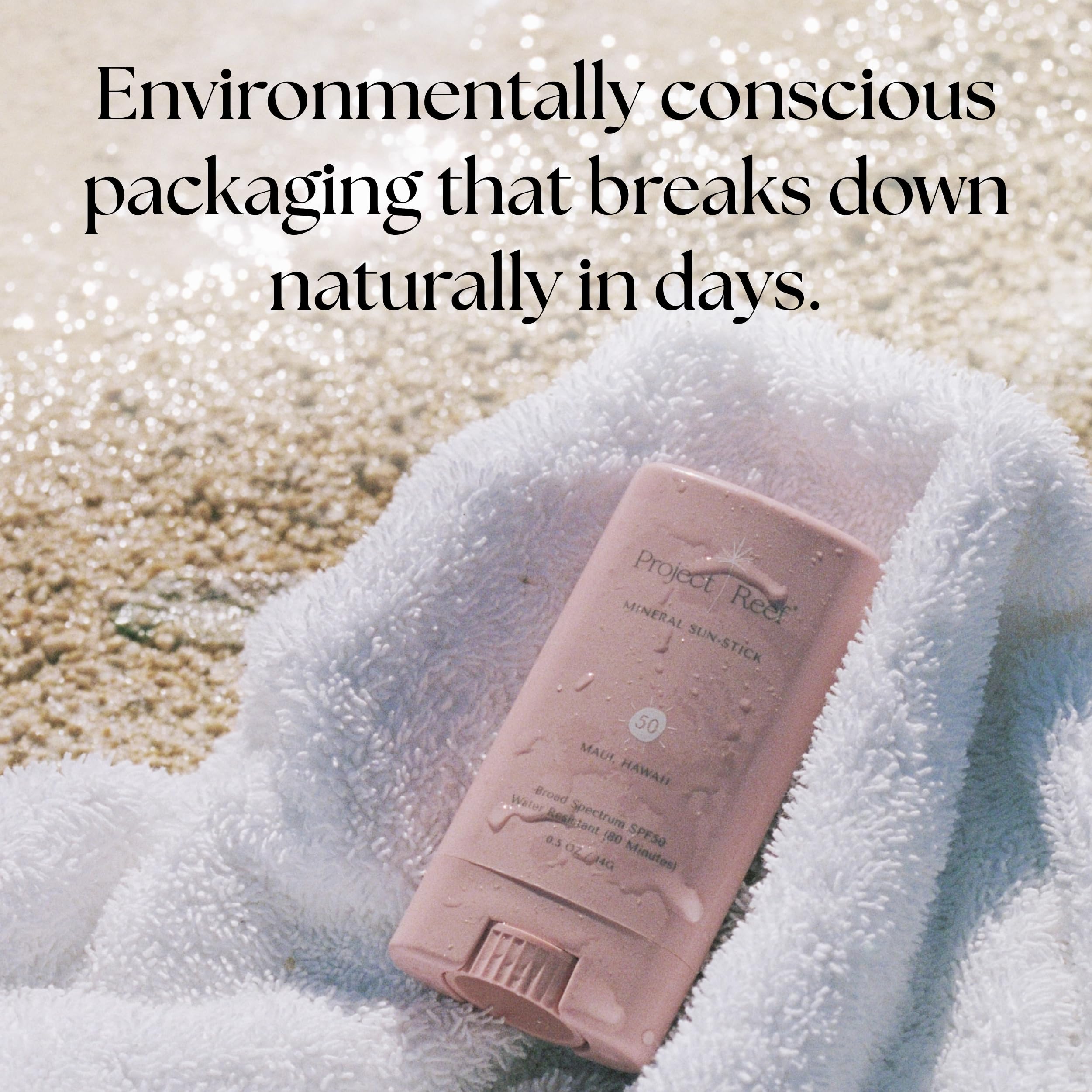 Project Reef SPF 50 mineral sunscreen stick highlights vegan and ocean-friendly credentials.