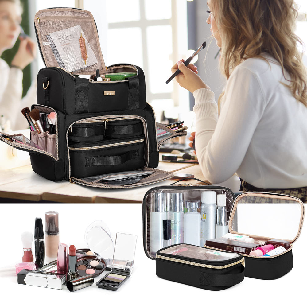 Prokva Large Cosmetic Bag back luggage strap makes transit with other luggage easier